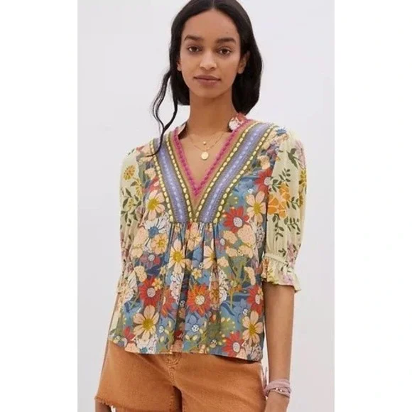 Boho Floral Peasant Blouse Embroidered Yoke Cottagecore Anthro Blank NYC Large - Picture 6 of 6